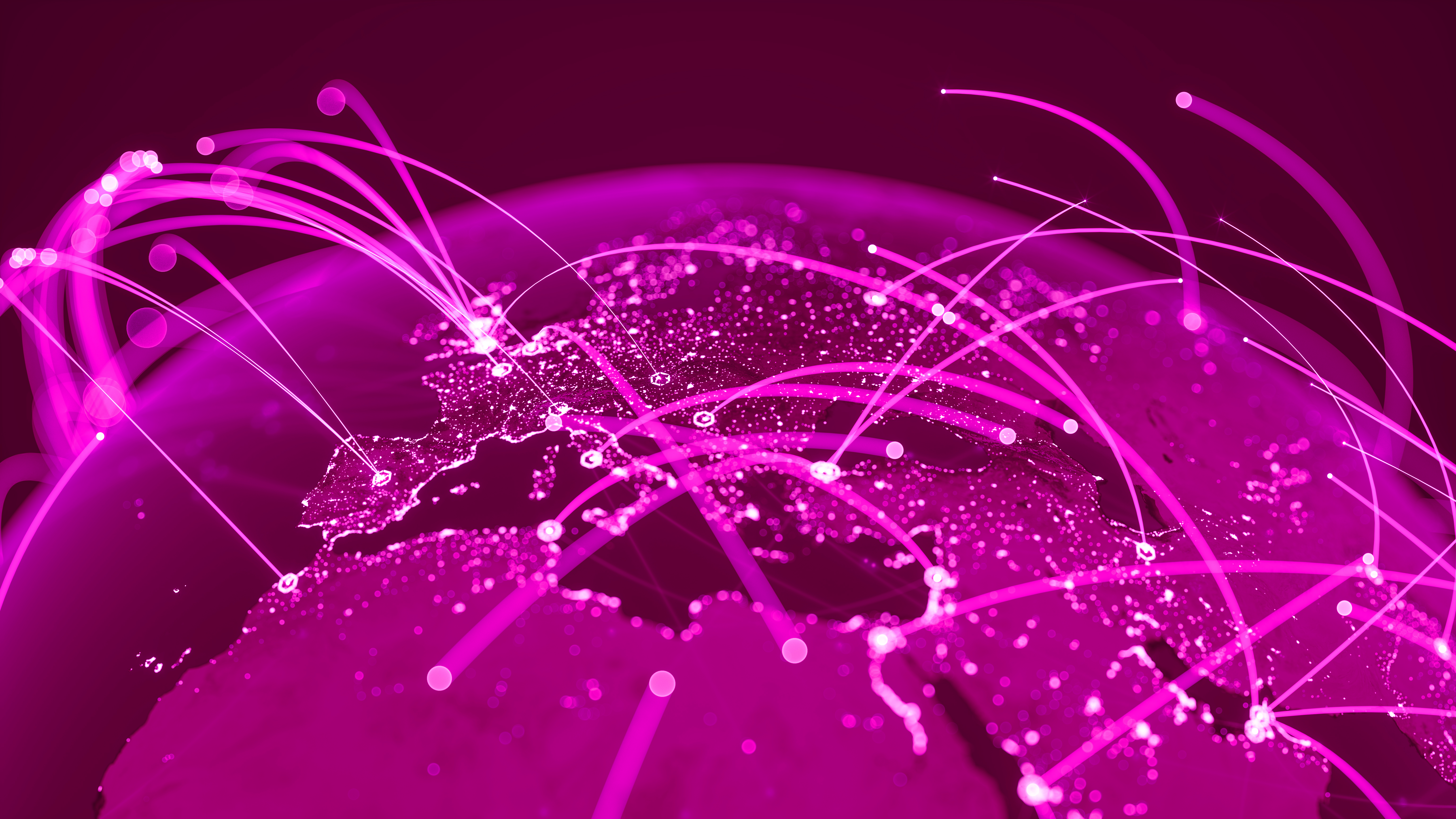 Globe viewing from space at night with connections between cities.